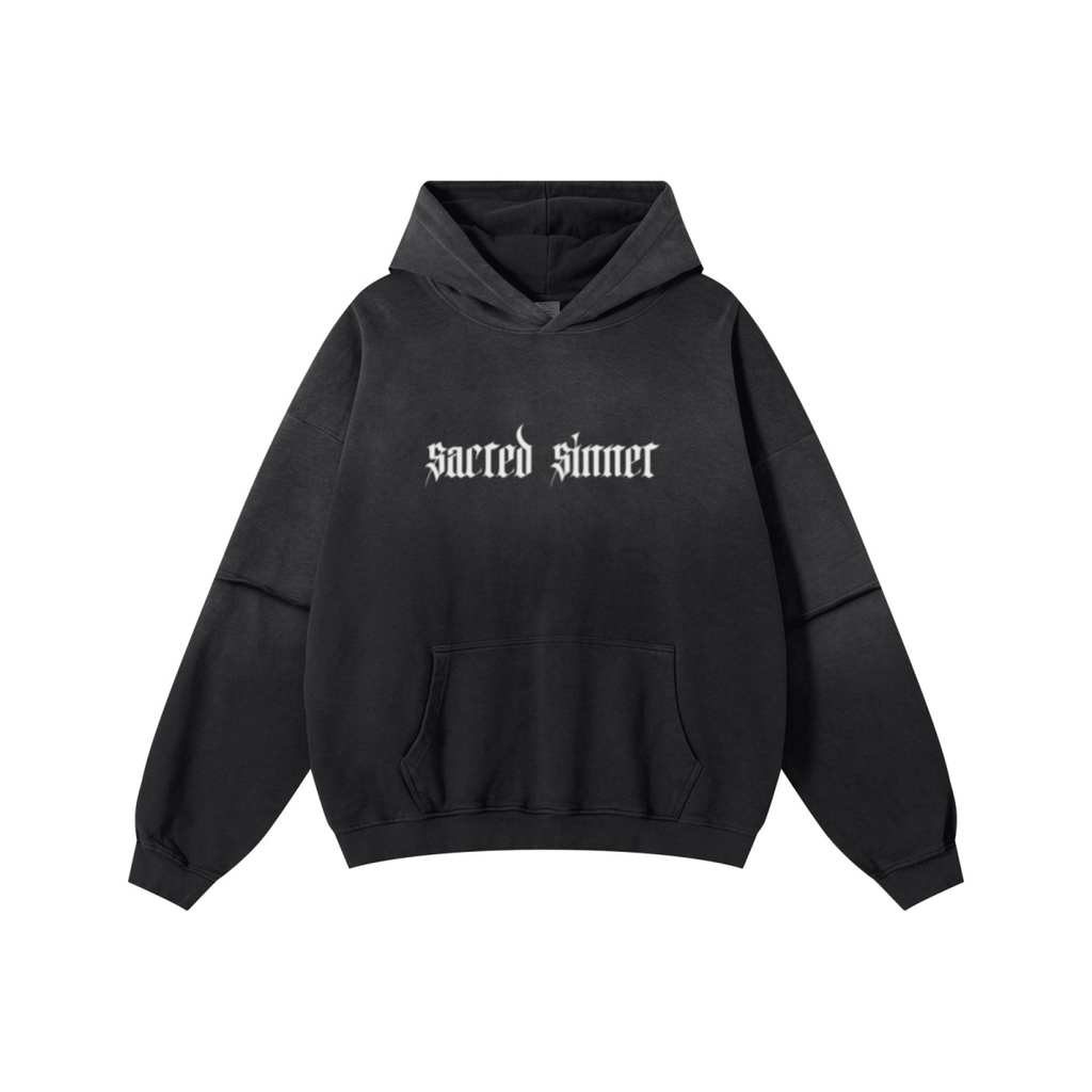 370GSM Unisex Monkey Wash Faux-Two-Piece PP-Sprayed  French Terry Hoodie Vintage Black