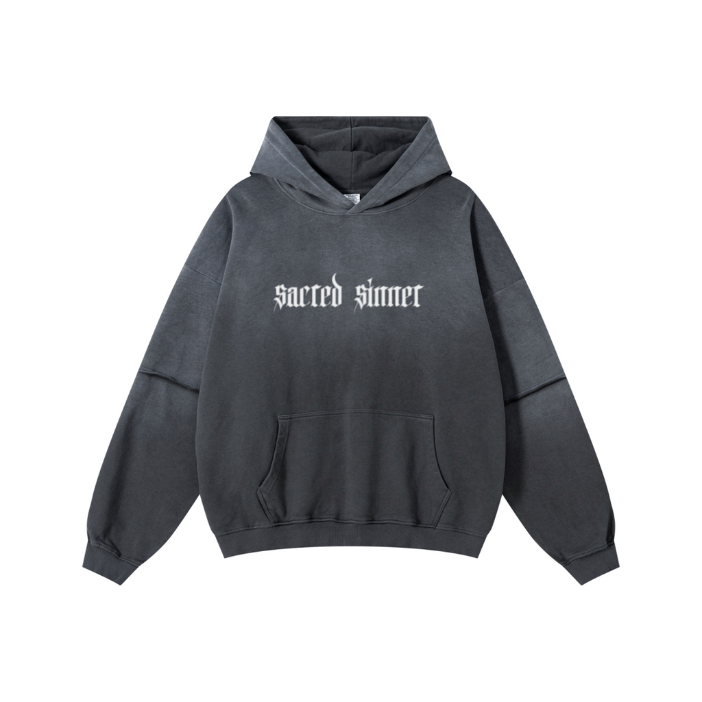 370GSM Unisex Monkey Wash Faux-Two-Piece PP-Sprayed  French Terry Hoodie Vintage Dark Grey